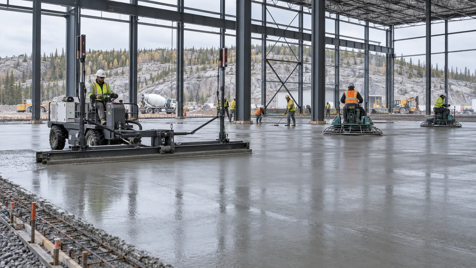 Commercial concrete slab finishing inside a steel building in Greater Sudbury