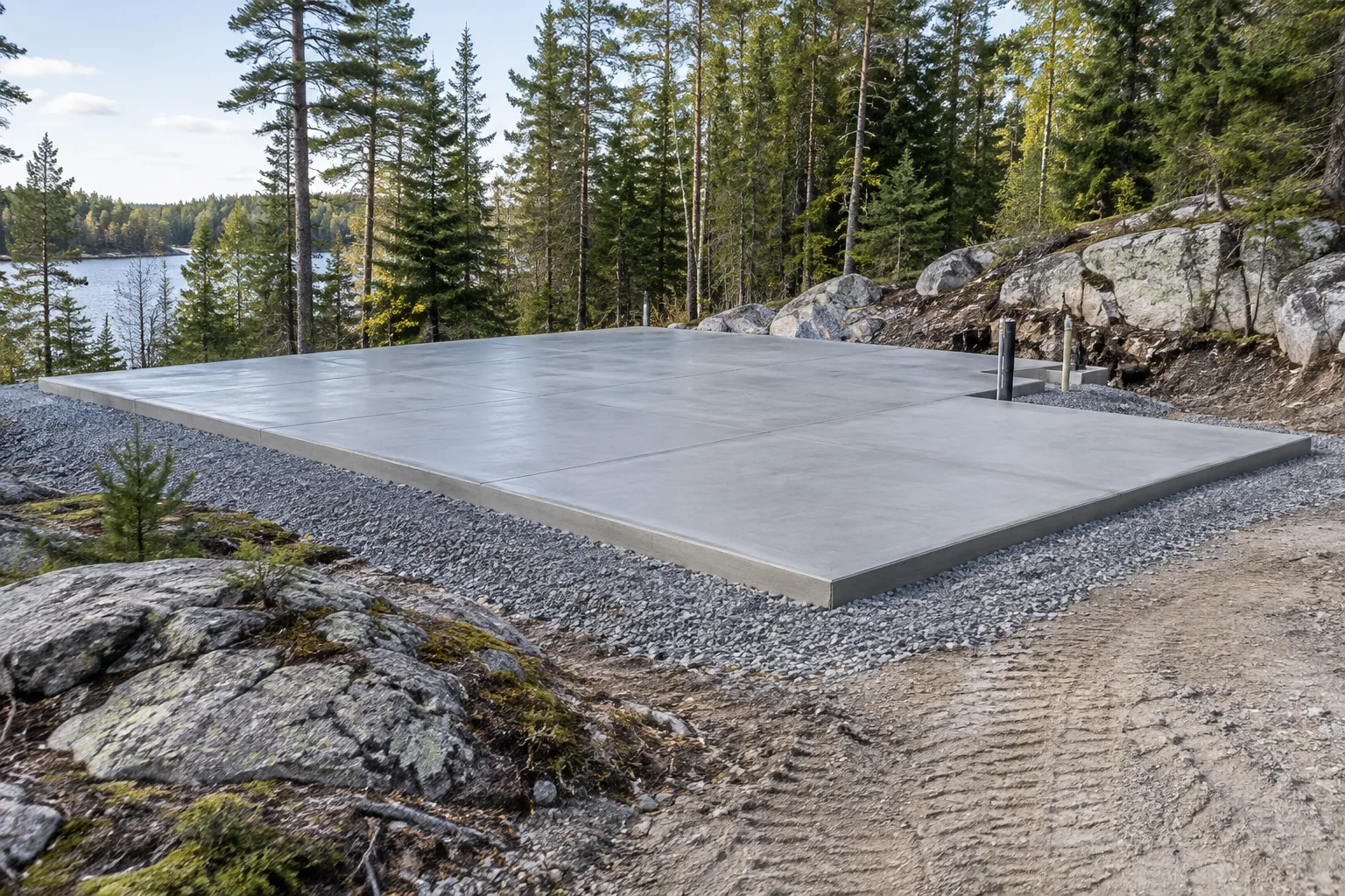 Finished concrete equipment pad on a rocky property near Sudbury