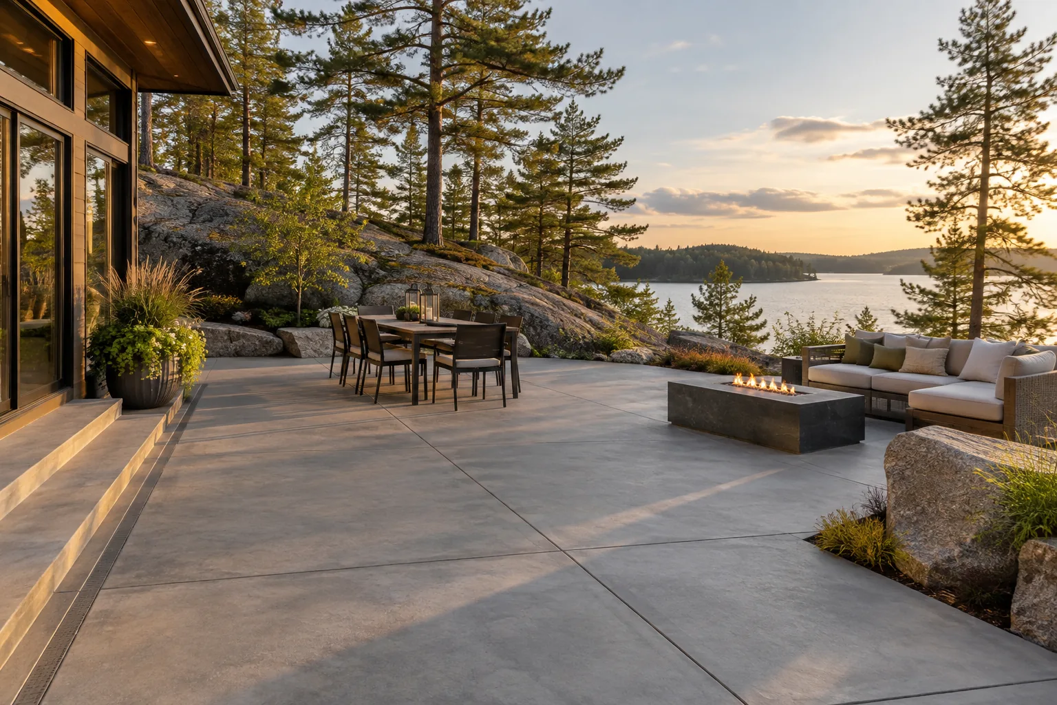Large concrete patio overlooking a Northern Ontario lake near Sudbury