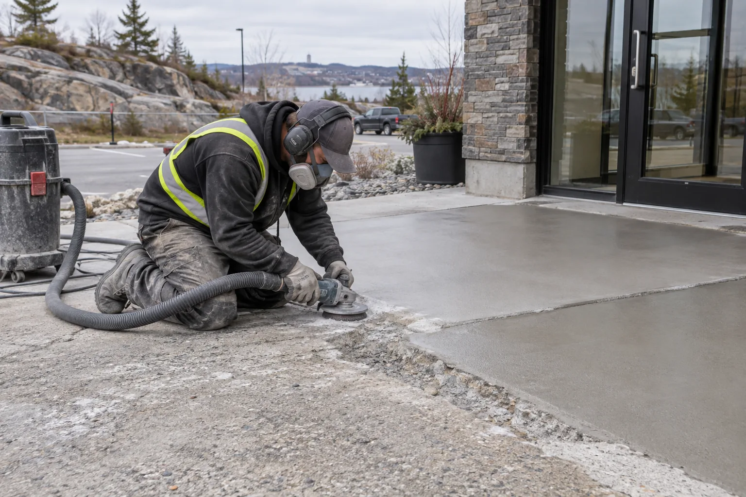 Concrete surface repair at a commercial entrance in Sudbury
