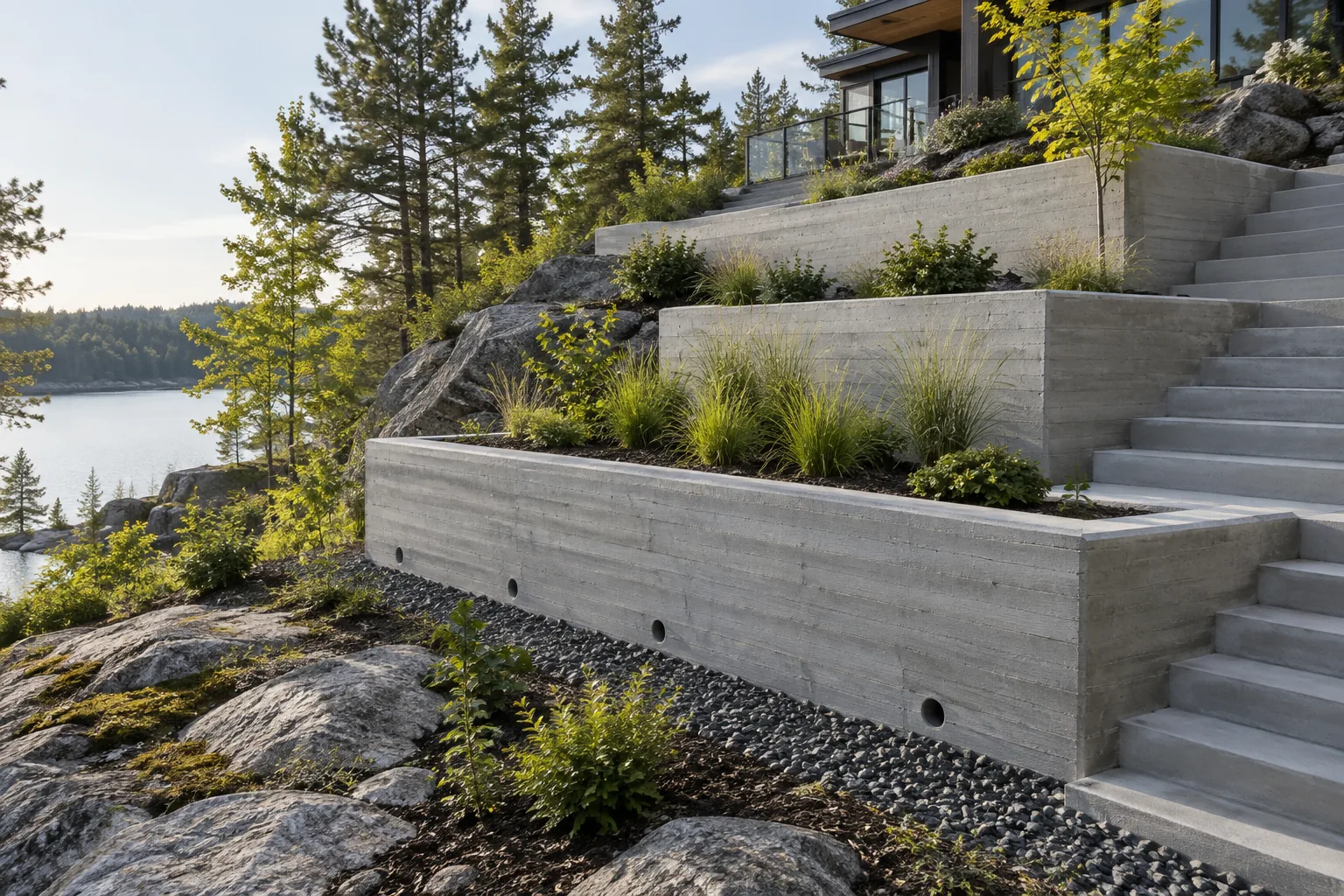 Board-formed concrete retaining walls terracing a rocky Sudbury lake property