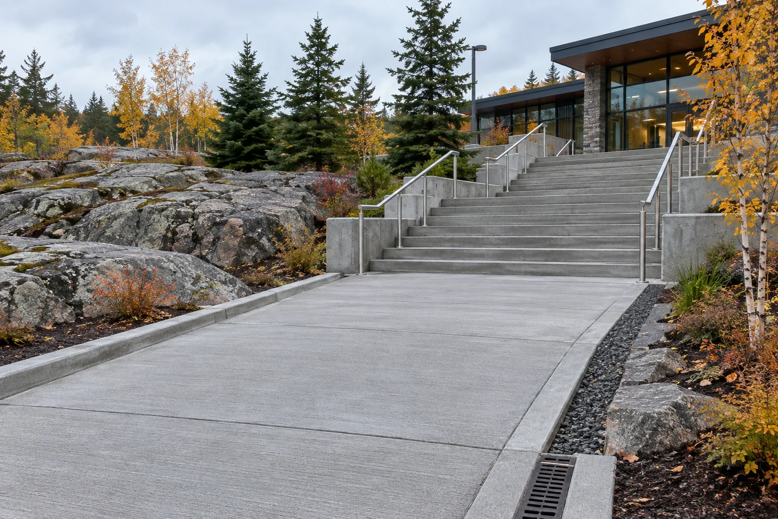 Broom-finished concrete walkway and broad steps beside Sudbury granite