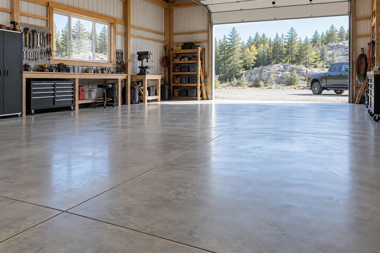 Finished concrete workshop floor opening toward Sudbury rock and forest