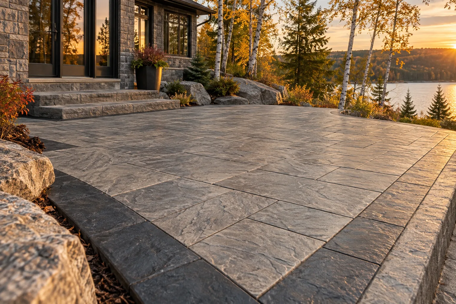 Ashlar-pattern stamped concrete terrace with Sudbury lake and rock landscape